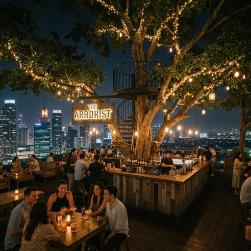 The Arborist Rooftop Bar with city view in Wellington at night, patrons enjoying drinks
