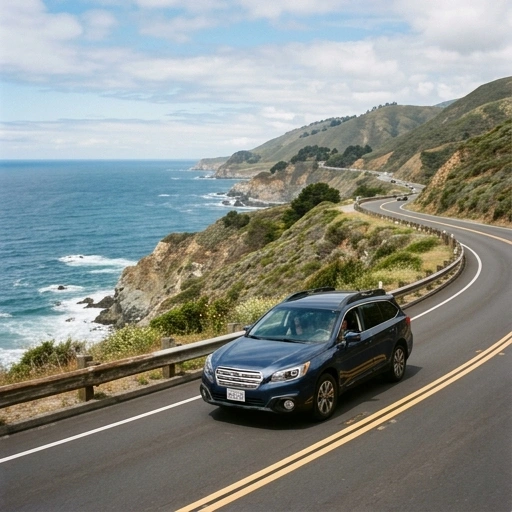 Small rental car driving along a scenic highway with rolling hills and blue sky