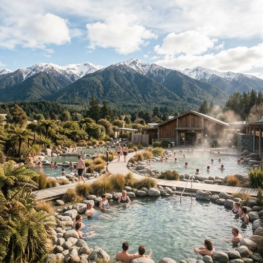 Visitors enjoying the warm water at Hanmer Springs Thermal Pools & Spa surrounded by natural bush