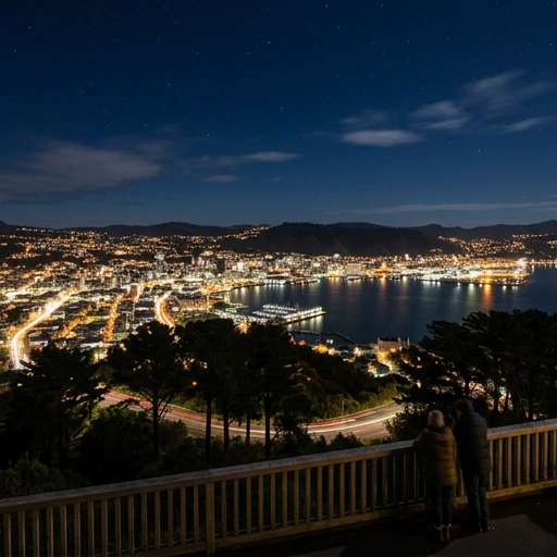 View from Mount Victoria Lookout overlooking Wellington city lights and harbour at night