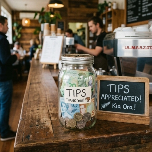 Tipping in New Zealand: What Visitors Should Know 3 Close-up of a tips jar with New Zealand coins and notes