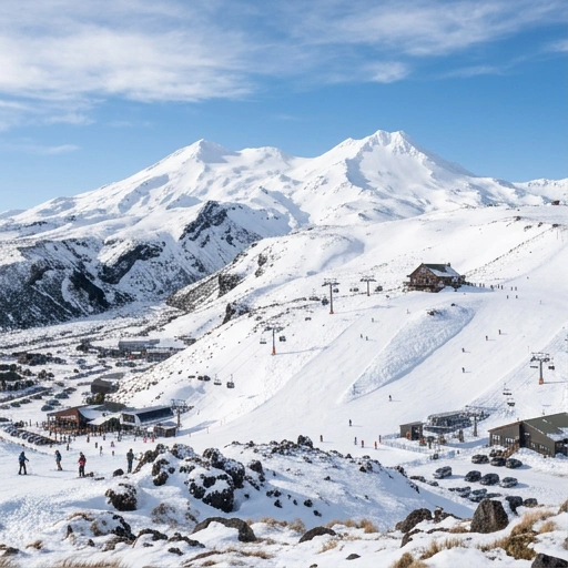 Taupo in Winter | Explore New Zealand’s Central Plateau Winter Adventures 2 Snow-covered Whakapapa Ski Area with skiers and mountain chalets