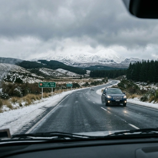 Taupo in Winter | Explore New Zealand’s Central Plateau Winter Adventures 4 Rental car driving on a scenic winter road near Taupo with snow-covered surroundings